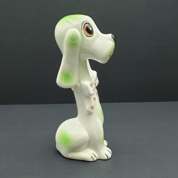 Kitschy Green & White Dog Figurine Anthromorphic Japan Dog with Bowtie Statue - Picture 2 of 9
